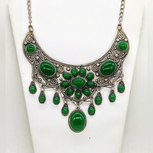 Vintage Tibetan Silver Tone Necklace with Green Stones